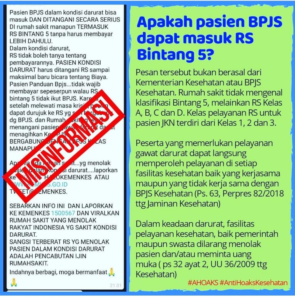 MIsinformasi Broadcast Whatsapp RS Bintang 5 Dilarang Tolak Pasien BPJS. (Sumber: Kemenkes)