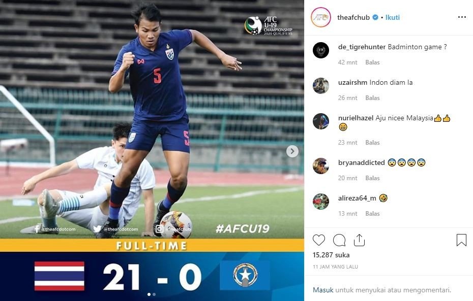 Timnas Thailand U-19 sukses mengalahkan Kepulauan Mariana Utara dengan skor 21-0. (Instagram/theafchub)