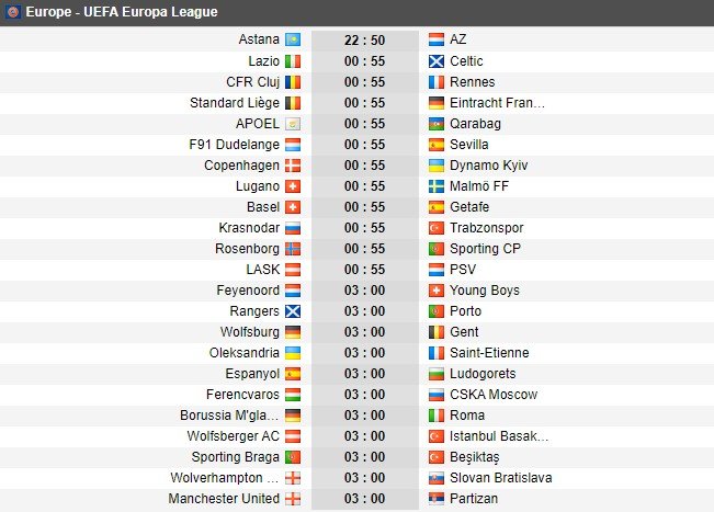 Jadwal Liga Europa 2019/2020 matchday 4. [Soccerway]