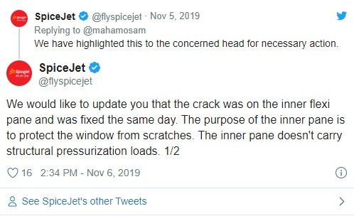 Konfirmasi pihak maskapai penerbangan terkait kaca jendela retak. (Twitter/@flyspicejet)