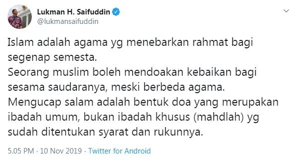 Eks Menag Lukman Hakim Saifuddin komentari imbauan MUI Jatim soal salam pembuka (Twitter)