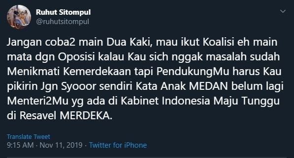 Cuitan Ruhut Sitompul. (Twitter)