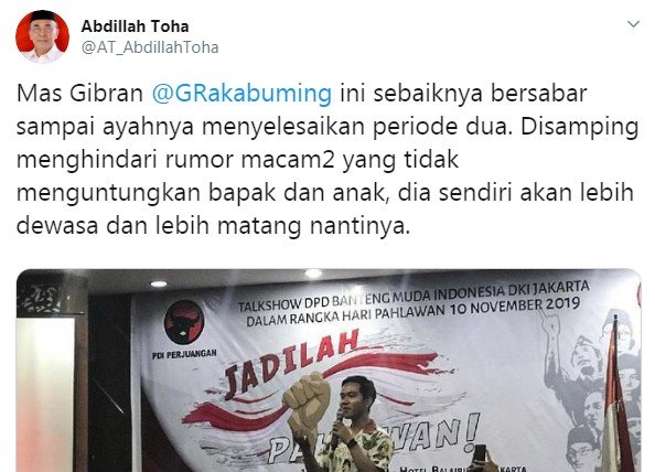 Cuitan Pendiri PAN Abdillah Toha soal pencalonan Gibran Rakabuming di Pilkada Solo (Twitter)