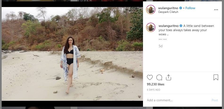 Wulan Guritno di Geopark Ciletuh (instagram.com/wulanguritno)
