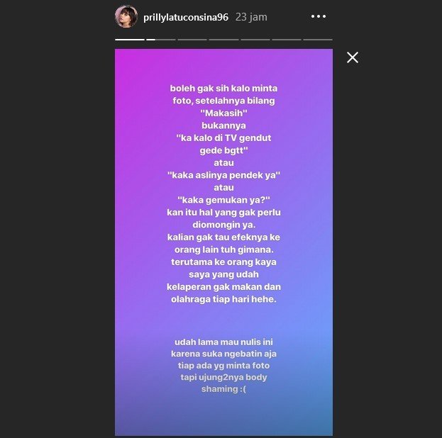 Prilly Latuconsina curhat soal body shaming. [Instagram]