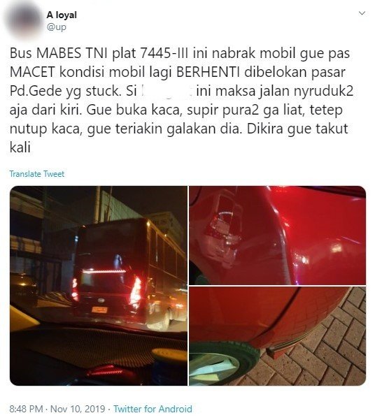 Pemobil Wanita Protes Mobilnya Ditabrak Bus TNI. (Twitter)
