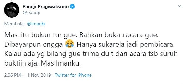 Klarifikasi Pandji soal mendapat honor pembicara dari Pemprov DKI Jakarta (Twitter)