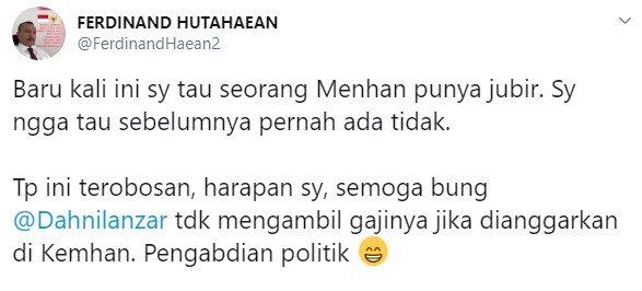 Sindiran Ferdinand Hutahaean kepada Dahnil Anzar yang menjadi jubir Menhan Prabowo (Twitter)