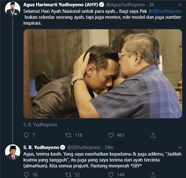 AHY dan SBY saling berbalas cuitan di Hari Ayah Nasional. (Twitter)