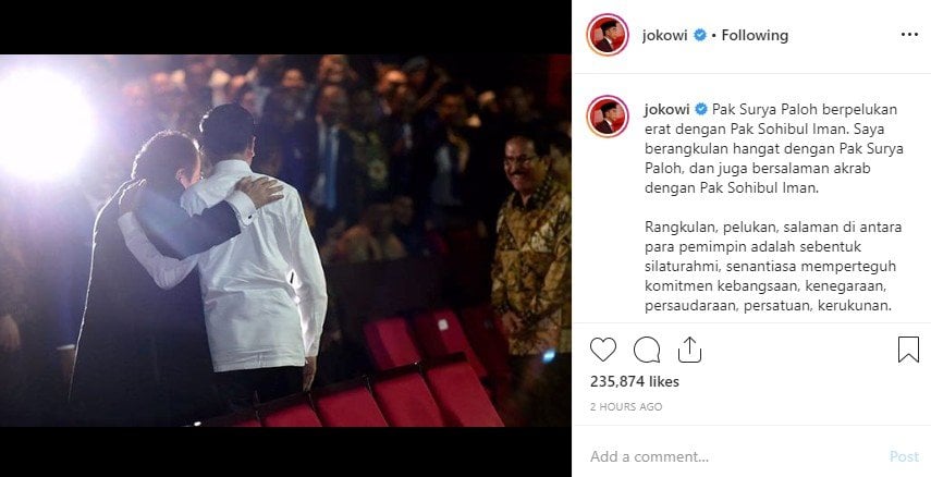 Jokowi ungkap makna rangkulan dan salaman dengan Paloh dan Sohibul (Instagram)