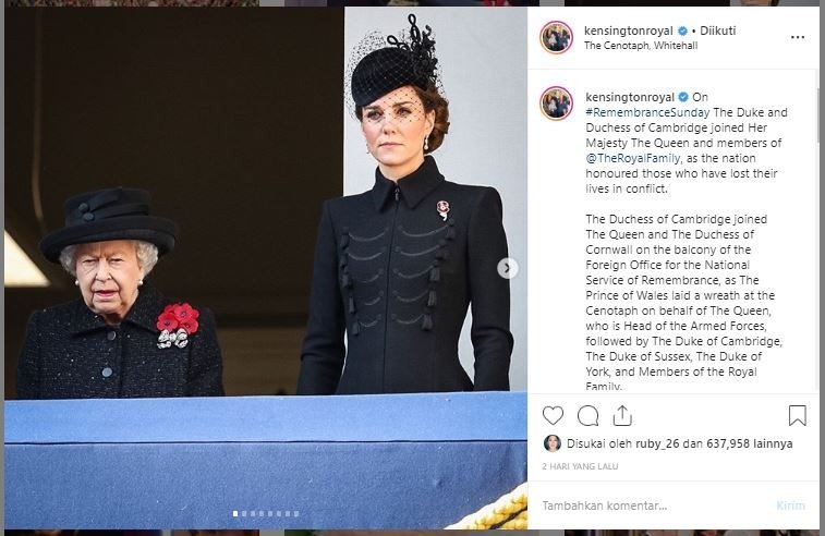 Kate Middleton dan Ratu Elizabeth II dalam Remebrance Day 2019. (Instagram/@kensingtonroyal)