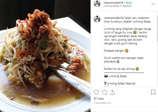 Lontong Balap Rajawali, kuliner legendaris di Surabaya. (Instagram/@rezaramadan14)