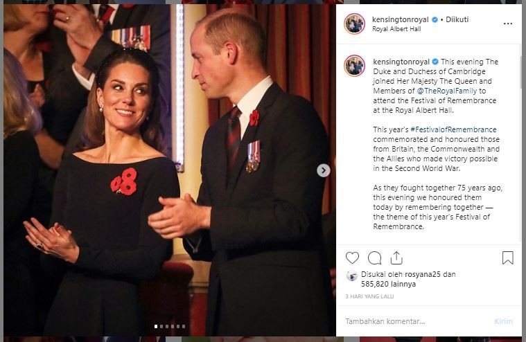 Kate Middleton dan Pangeran William dalam Festival Remebrance Day 2019. (Instagram/@kensingtonroyal)