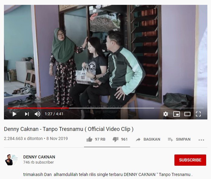 Lagu Denny Caknan Tanpo Tresnamu. (Youtube)