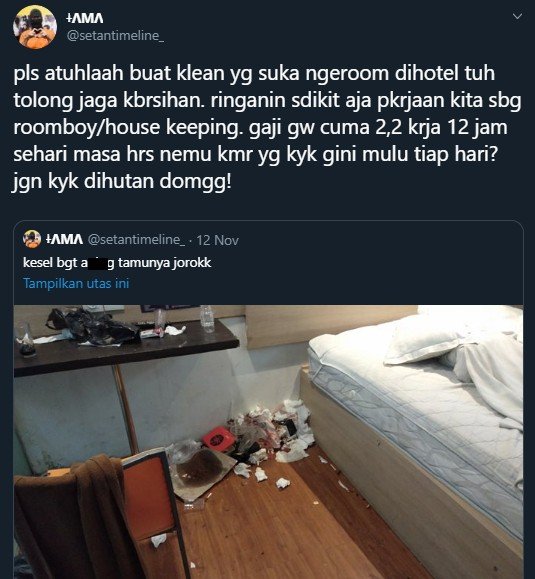 Curhat House Keeping Hotel Viral. Tangkapan layar (twitter.com/setantimeline_)