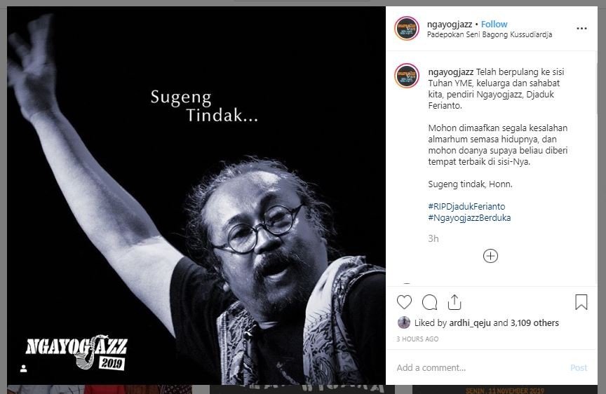 Djaduk Ferianto Meninggal Dunia (instagram.com/ngayogjazz)