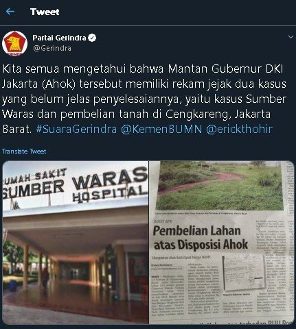 Cuitan Gerindra soal Ahok. (Twitter)