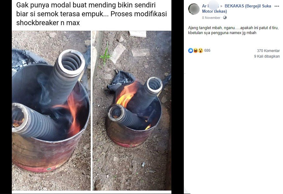 Viral orang yang membakar pegas motor NMax biar empuk. (Facebook)