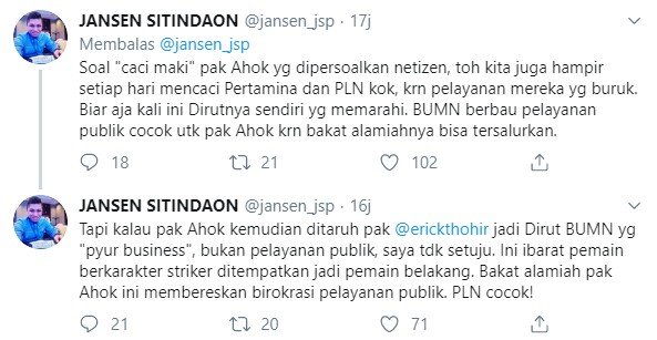 Cuitan Ketua DPP Demokrat Jansen Sitindaon soal penunjukan Ahok jadi Dirut BUMN (Twitter)