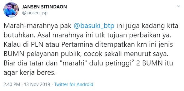 Cuitan Ketua DPP Demokrat Jansen Sitindaon soal penunjukan Ahok jadi Dirut BUMN (Twitter)