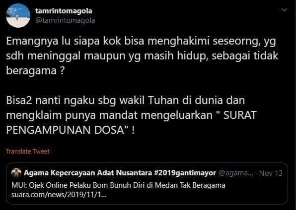 Cuitan Tamrin Tomagola soal pernyataan MUI. (Twitter)