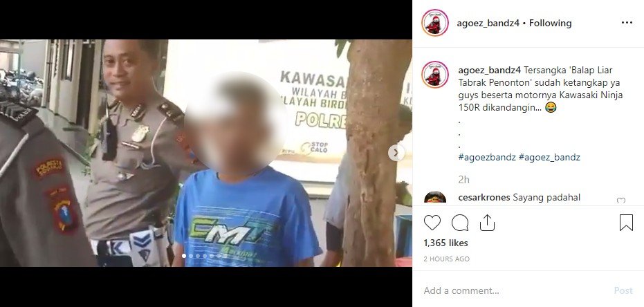 Viral balap liar tabrak penonton, pelaku ditahan. (Instagram/@agoez_bandz4)