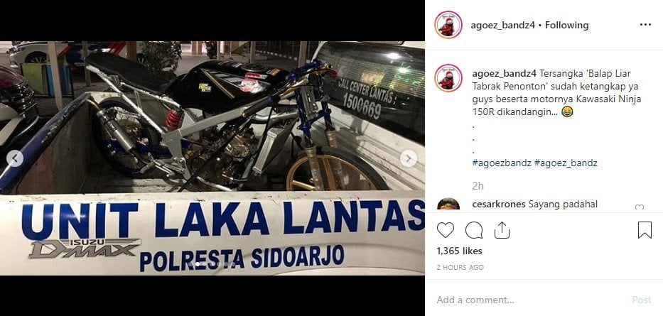 Viral balap liar tabrak penonton, pelaku ditahan. (Instagram/@agoez_bandz4)