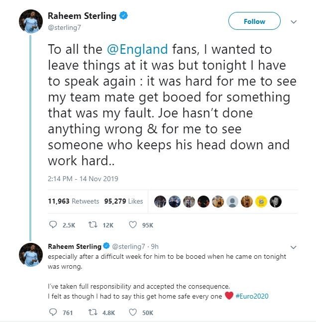 Curhatan Raheem Sterling soal hujatan fans Inggris pada Joe Gomez. (Twitter/@sterling7)