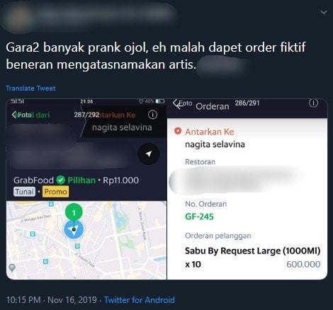 Viral order fiktif atas nama artis. (Twitter)