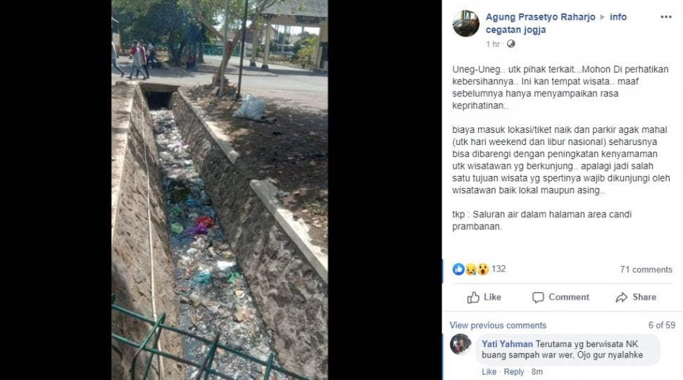 Wisatawan Keluhkan Saluran Air di Dalam Area Candi Prambanan Penuh Sampah. (facebook.com/groups/info.cegatan.jogja)