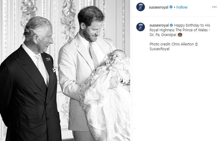 Pangeran Charles, Pangeran Harry, dan bayi Archie. (Instagram/@sussexroyal)