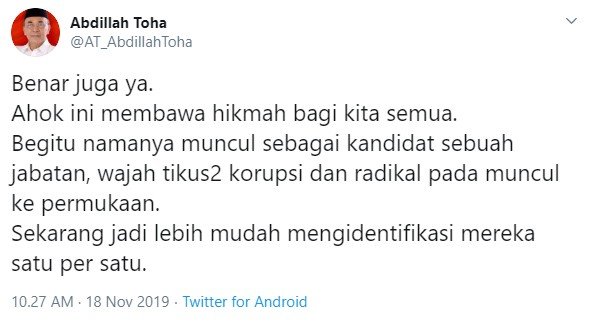 Pendiri PAN Abdillah Toha komentari penunjukkan Ahok jadi bos BUMN (Twitter)