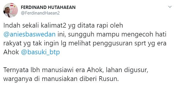 Ferdinand Hutahaean soal penggusuran (Twitter)