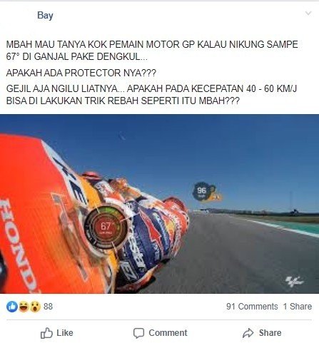 Pria Ini Ingin Menikung Miring Seperti Marc Marquez. (Facebook)