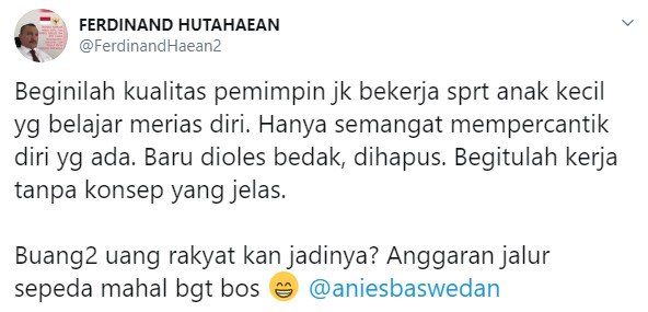 Ferdinand Hutahaean soal pembongkaran jalur sepeda di Cikini (Twitter)