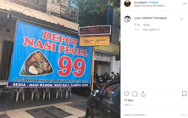 Depot Nasi Pecel 99, kuliner legendaris Madiun. (Instagram/@mc,jadera)