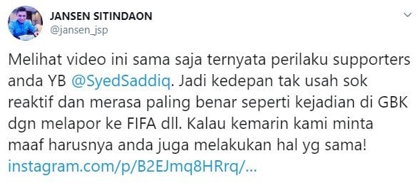 Politisi Partai Demokrat Jansen Sitindaon mengecam Menpora Malaysia Syed Saddiq (Twitter)