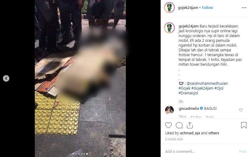 Sopir Taksol Tabrak Pelaku Perampasan Hape Hingga Tewas. (Instagram/gojek24jam)