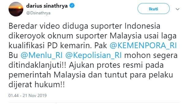 Darius Sinathrya minta Indonesia ajukan protes resmi ke pemerintahan Malaysia. (Twitter/@Dsinathrya).