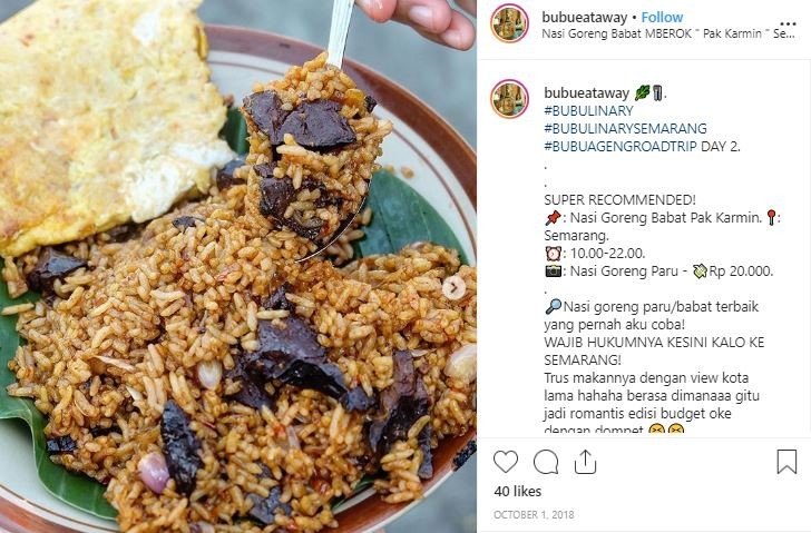 Nasi Goreng Babat Gongso Pak Karmin, Kuliner legendaris di Semarang. (Instagram/@bubueataway)