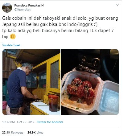 Viral, takoyaki murah meriah di Surakarta, yang jual orang Jepang asli. (Twitter/@frpungkas)