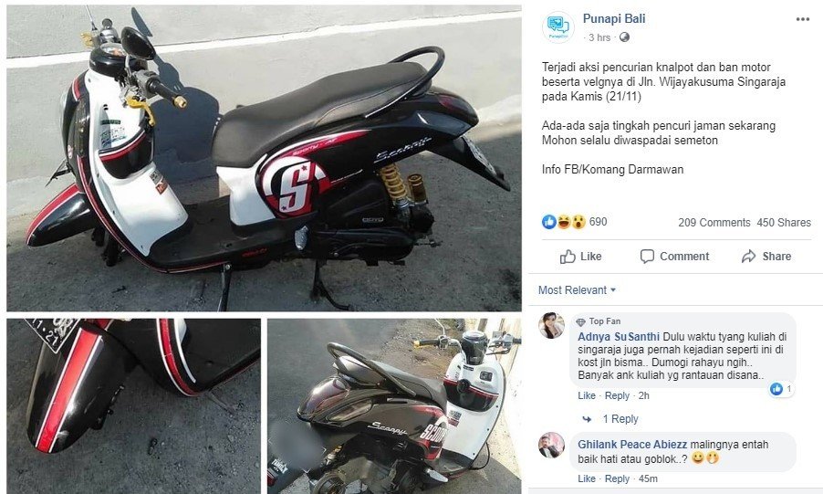 Roda dan Knalpot Honda Scoopy Digondol Maling. (Facebook/Punapi Bali)