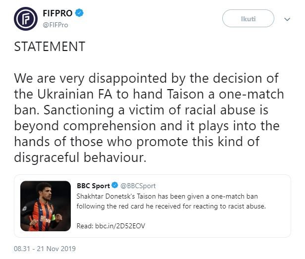 FIFPro kecam FA Ukraina. (Twitter/@FIFPro).