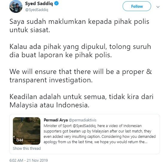 Cuitan Menpora Malaysia Syed Saddiq terkait pemukulan kepada suporter Indonesia  (Screenshot Twitter @SyedSaddiq)