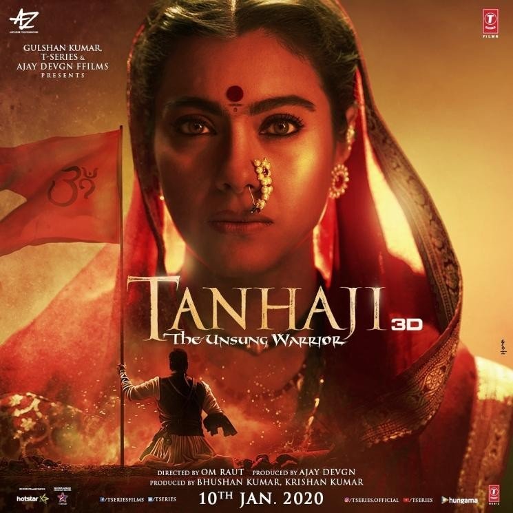 Poster film Tanhaji, yang dibintangi Kajol, Ajay Devgn, dan Saif Ali Khan. 