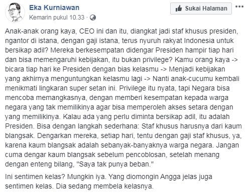 Pendapat penulis Eka Kurniawan soal privilege staf khusus presiden (Facebook/ Eka Kurniawan)