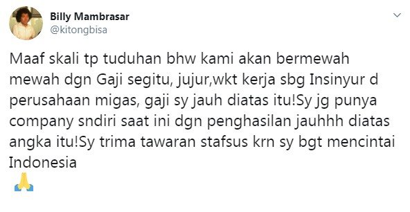 Billy Mambrasar menjawab tudigan bergaji besar dari Jokowi untuk berfoya-foya (Twitter)