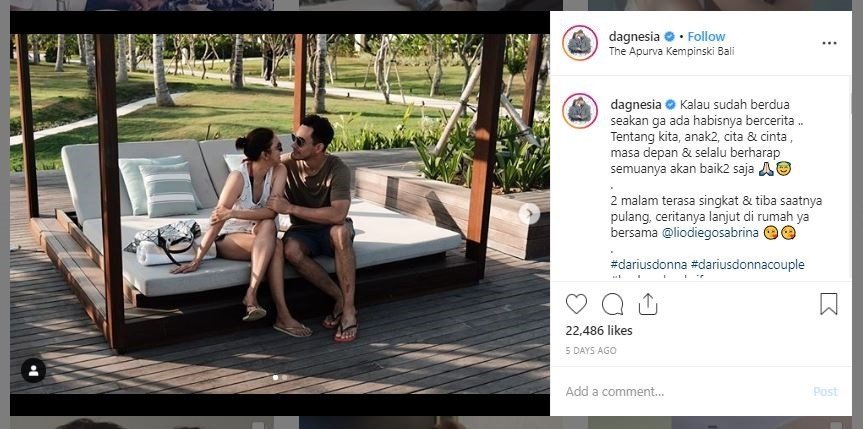 Momen Liburan Darius Sinathrya dan Donna Agnesia di Bali (insagram.com/dagnesia)