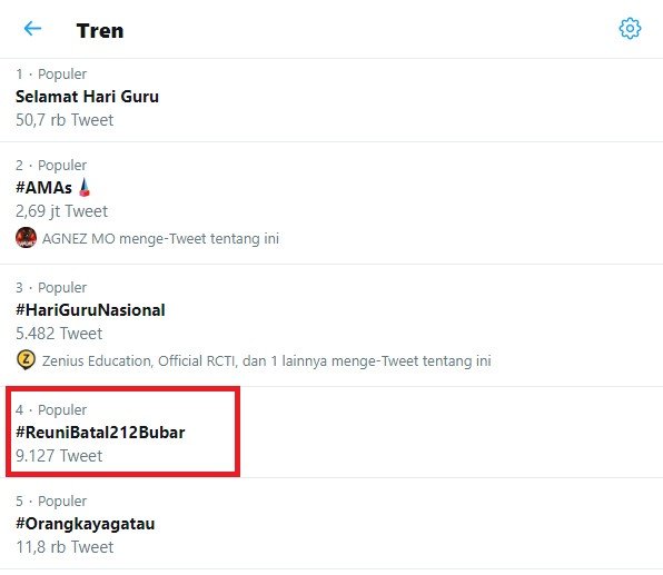 Tagar #ReuniBatal212Bubar jadi trending topic (Twitter)