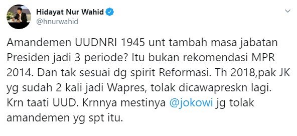 HNW minta Jokowi tolak amandemen jabatan presiden 3 periode (Twitter/hnurwahid)